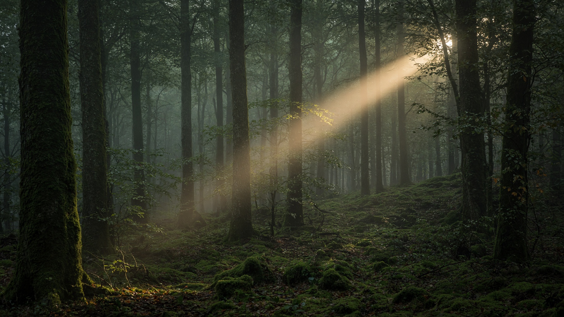 Mistig bos bij dageraad