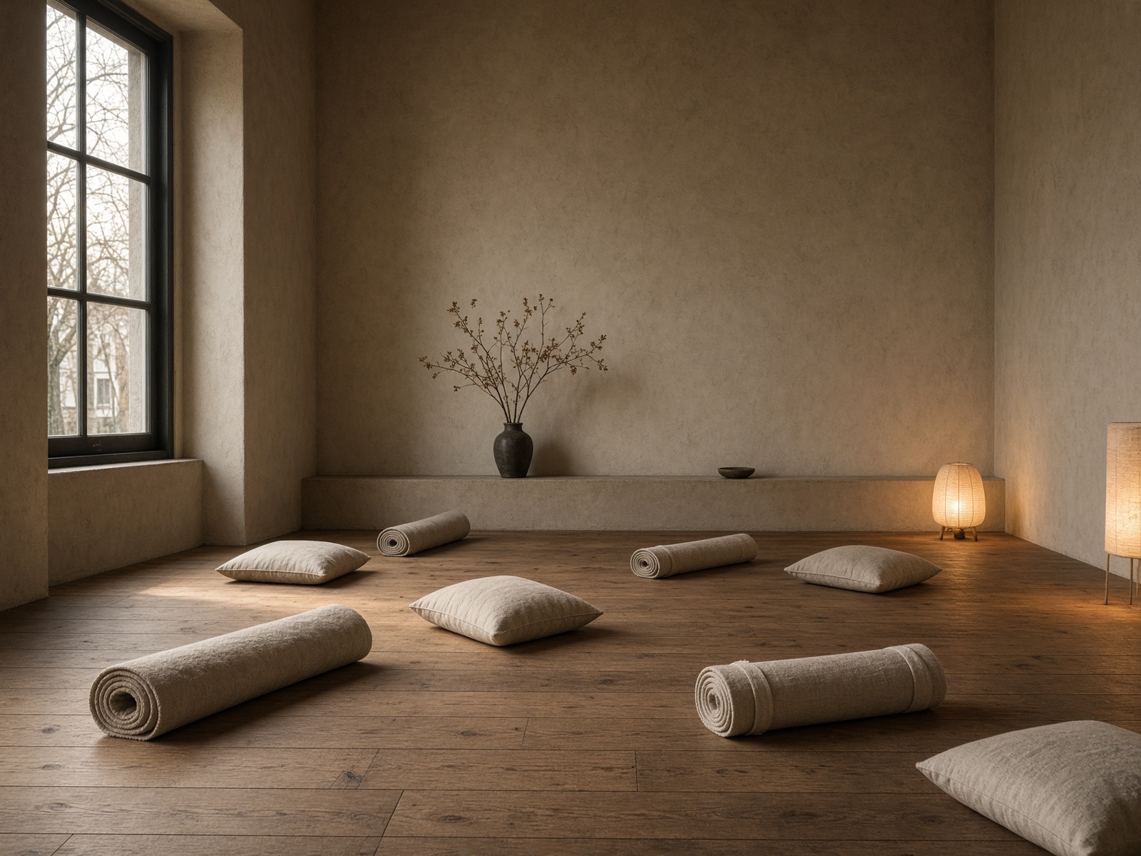 Lege yogastudio met opgerolde matten en warm licht